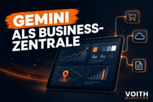 Tablet mit KI-Oberfläche, die Finanzdiagramme, Markenfarben, Standortkarte und Anzeigenstatistik für kleine Unternehmen bündelt