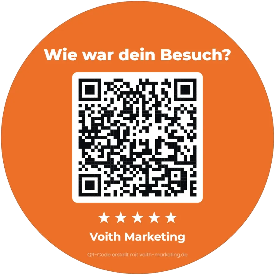 Runder Aufkleber in Orange mit Google Bewertung QR-Code, Beispiel Voith Marketing