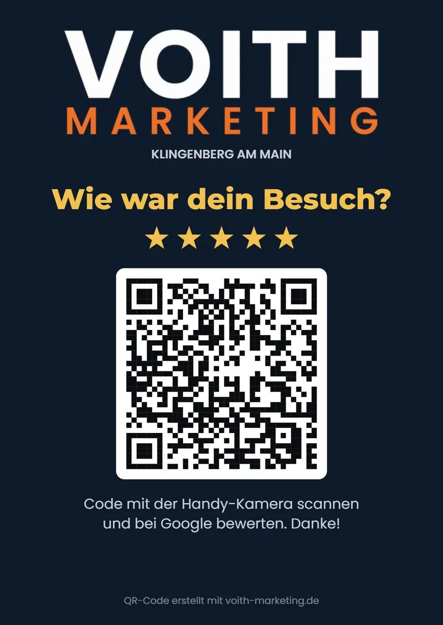 Bewertungsaufsteller A6 dunkel mit Logo und Google Bewertung QR-Code, Beispiel Voith Marketing