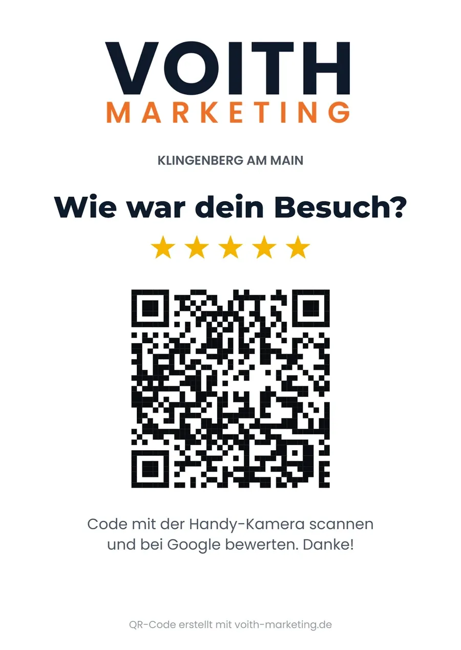 Bewertungsaufsteller A6 hell mit Logo und Google Bewertung QR-Code, Beispiel Voith Marketing