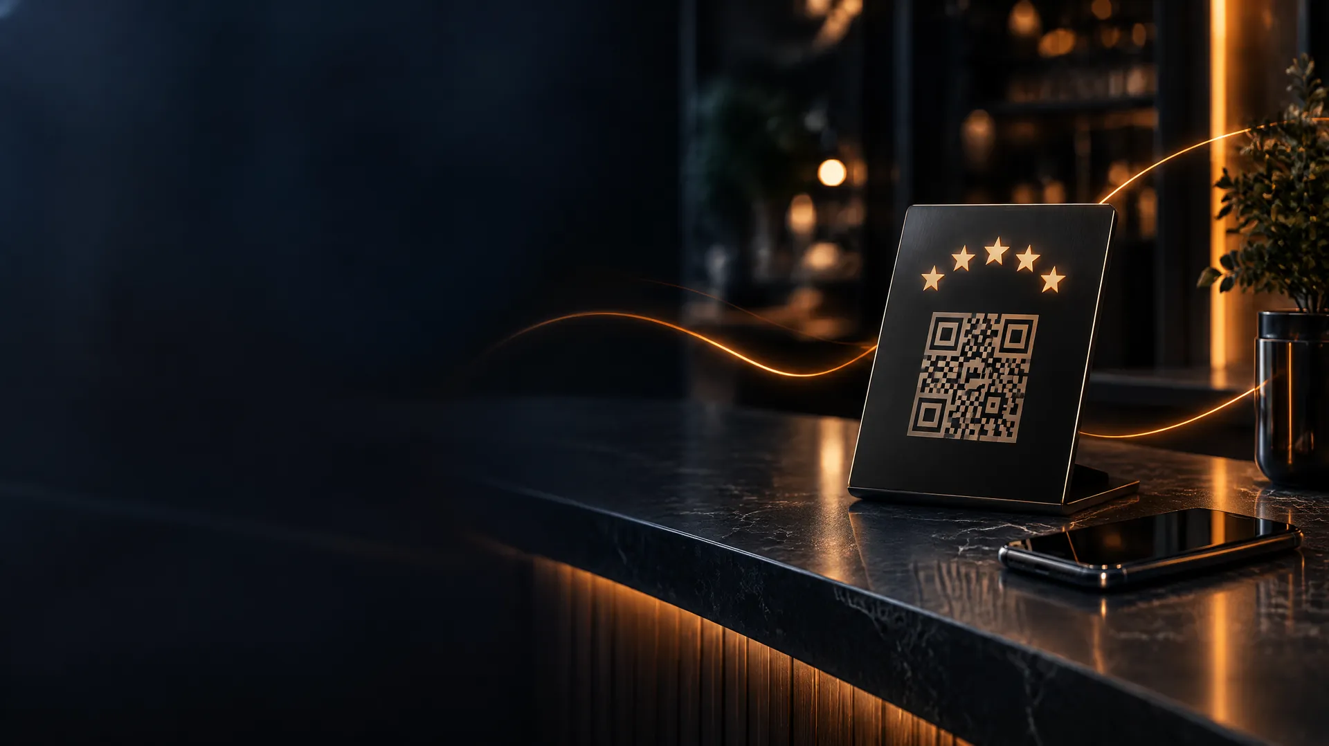 Google Bewertung QR-Code: Bewertungsaufsteller auf einer Theke, darüber fünf leuchtende Sterne