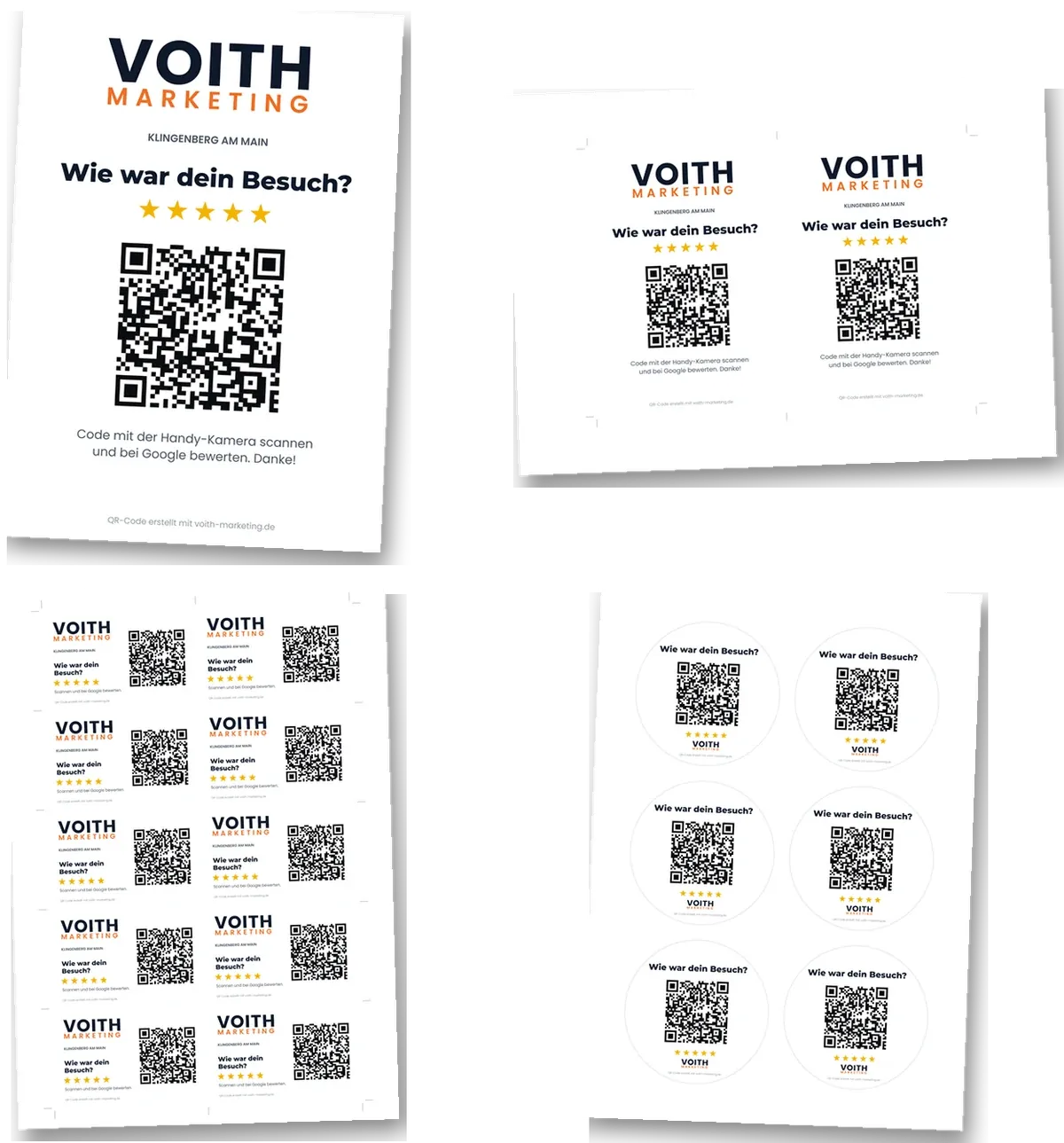 Komplett-Set mit Google Bewertung QR-Code: Aushang A4, zwei Bewertungsaufsteller, zehn Visitenkarten und sechs Aufkleber