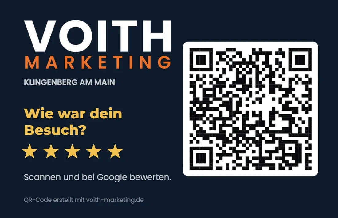 Visitenkarte dunkel mit Logo und Google Bewertung QR-Code, Beispiel Voith Marketing