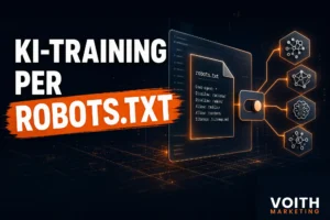 Illustration einer robots.txt-Datei, die über einen gemeinsamen Schalter mit mehreren KI-Symbolen verbunden ist